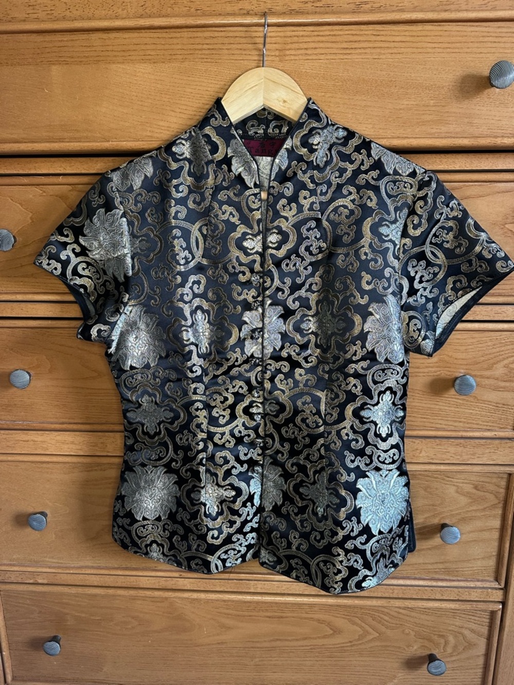 Vintage Tangyu 100% Silk Chinese Knot Button Black Gold Kimono Inspired Top